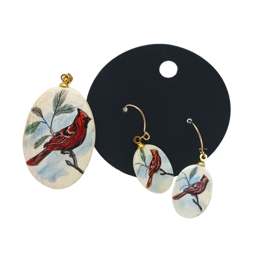 VINTAGE Pendant & Earrings Set Cardinals Womens Jewelry Bird